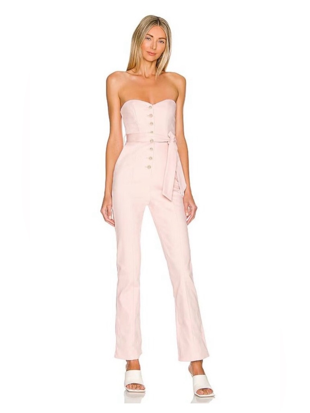 MAJORELLE Strapless Pale Pink Button-Front denim Jumpsuit with Waist Tie size M